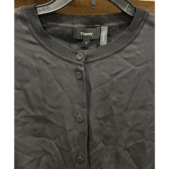 Women’s THEORY Black Button Up Silk Front Cardigan Sweater Sizer M *C6 - Picture 2 of 4